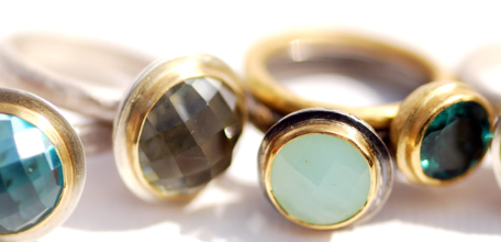 Gemstone rings in silver and gold by contemporary jeweller Adele Taylor