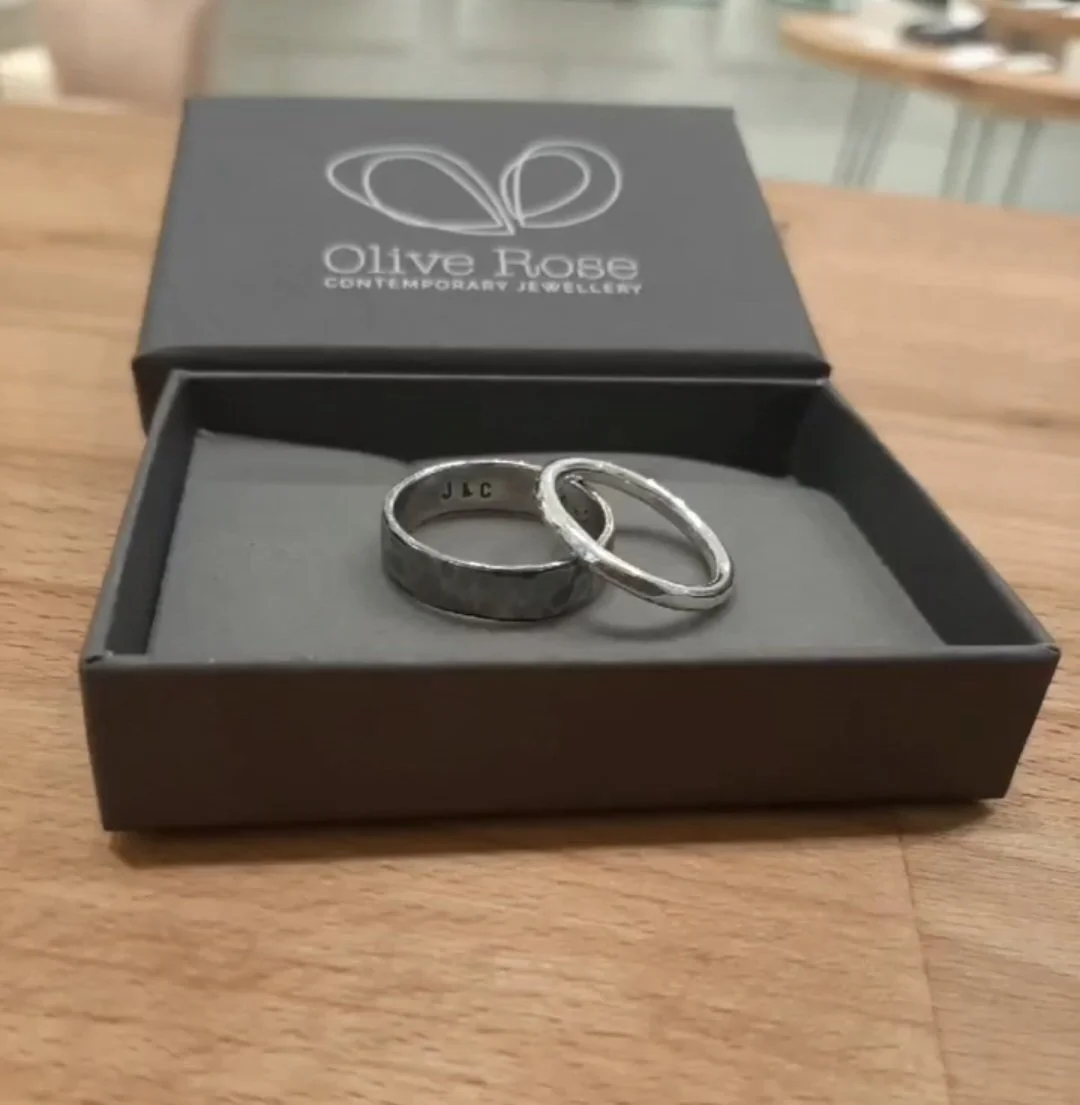 Contemporary wedding rings in gift box  from Olive Rose independent British jewellers