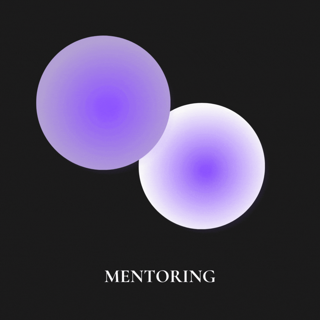 Two glowing purple and white spheres on a black background with the word 'MENTORING' underneath.