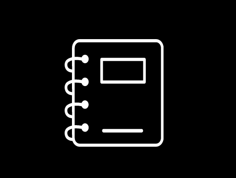 Icon of a spiral-bound notebook with a small square and a line on the cover.