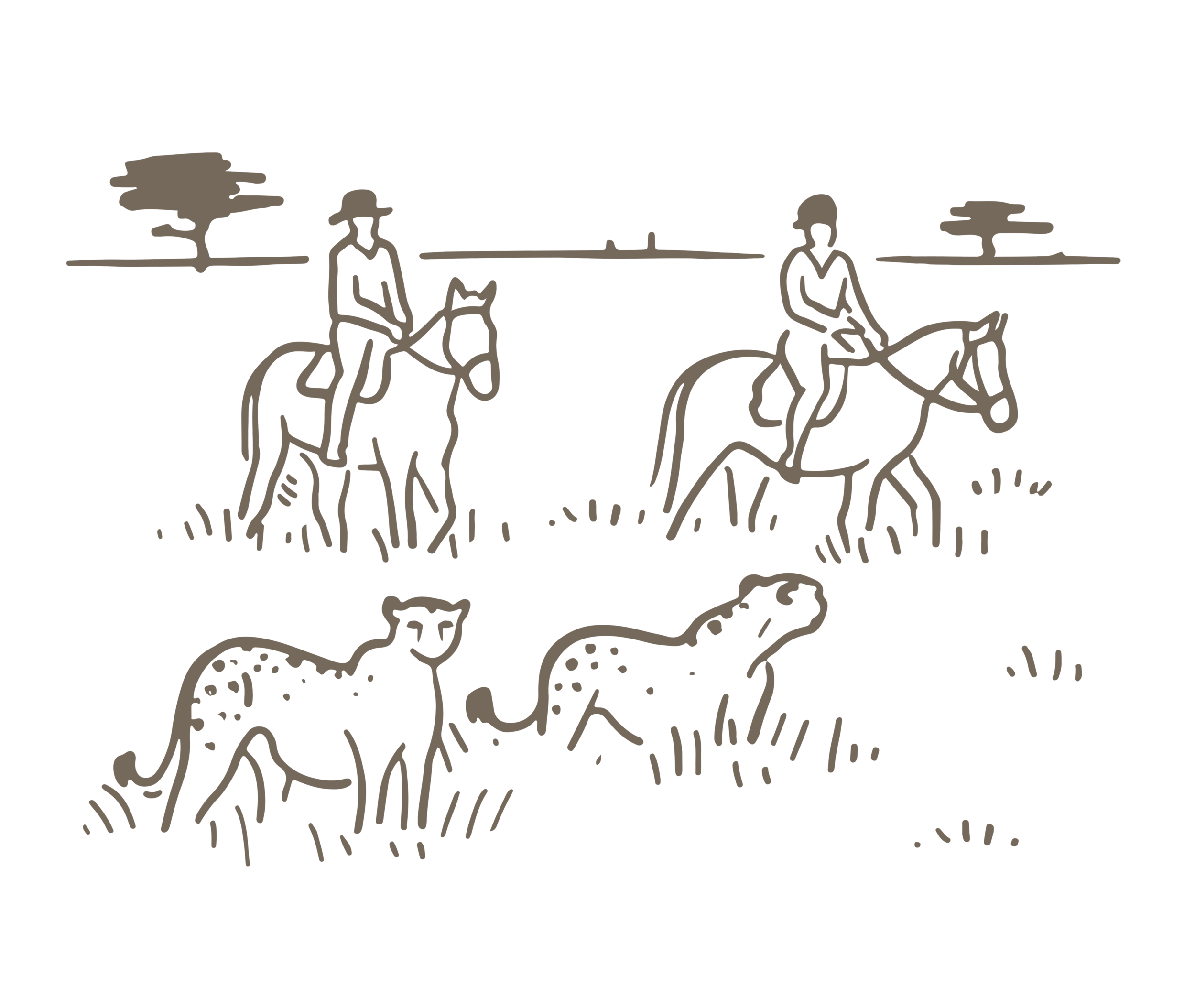 Illustrasjon av eksklusiv safari i Afrika med ridesafari og geparder i savannelandskap.