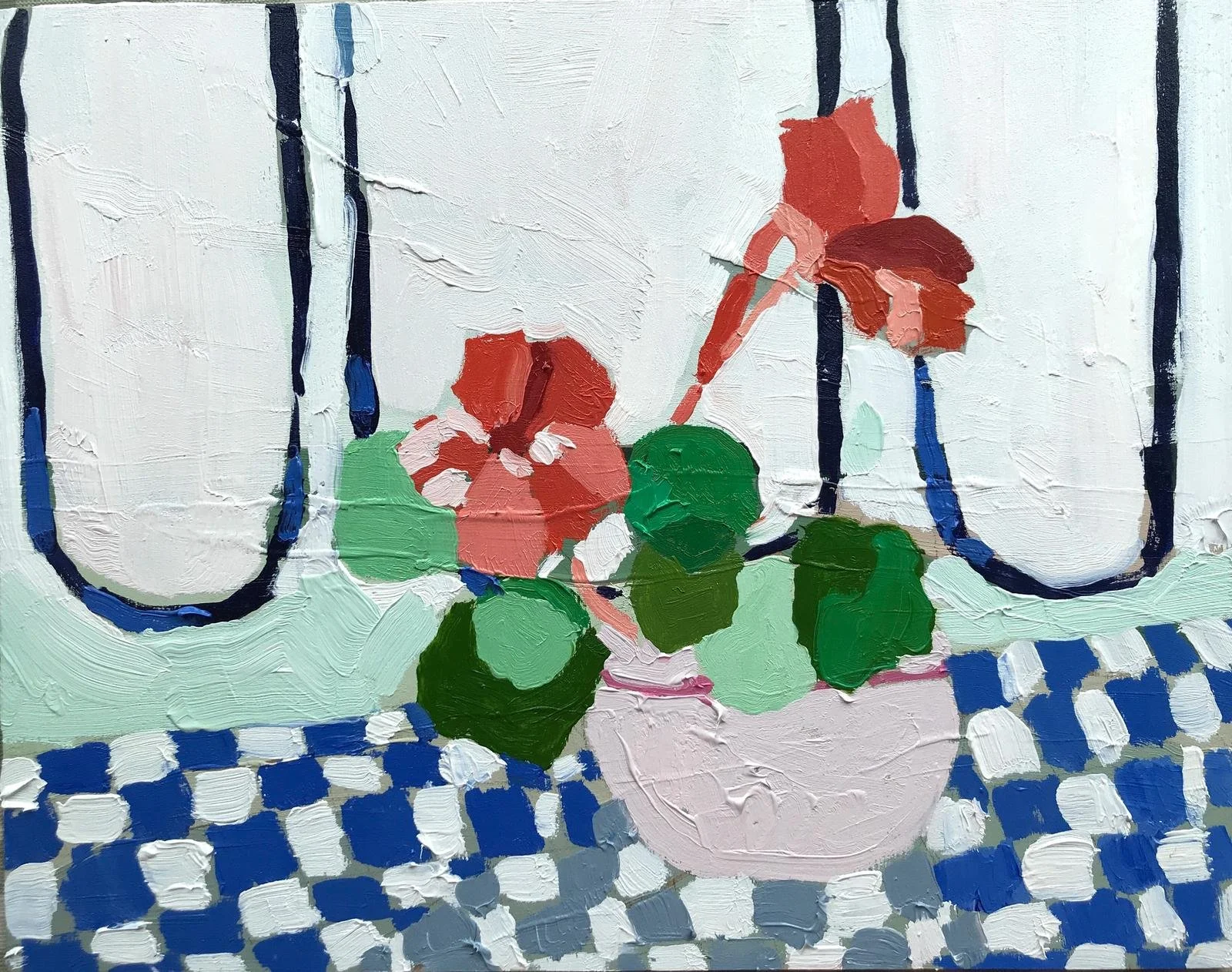 Nasturtiums and Checked Tablecloth, oil on board