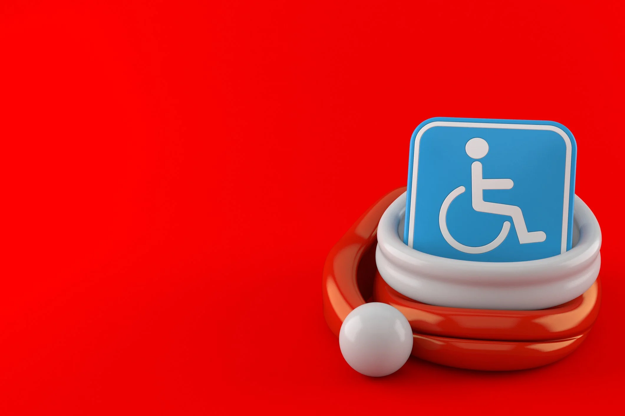 A stack of colorful toys with a blue wheelchair accessible symbol, set against a bright red background.