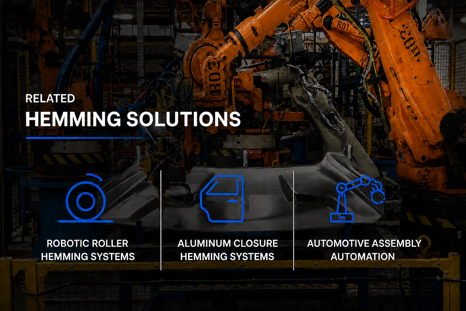 Robotic roller hemming system for automotive manufacturing with industrial robots and aluminum closure assembly at Modern Body Engineering.