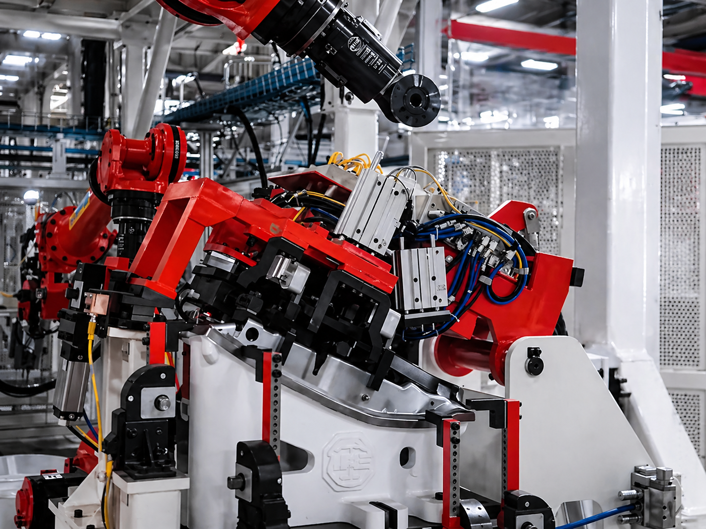 Automotive robotic assembly automation system with industrial robot performing precision closure or body component positioning in OEM production line