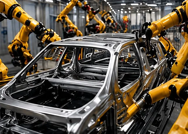 Robotic closure assembly automation line with multiple robots assembling automotive body structure