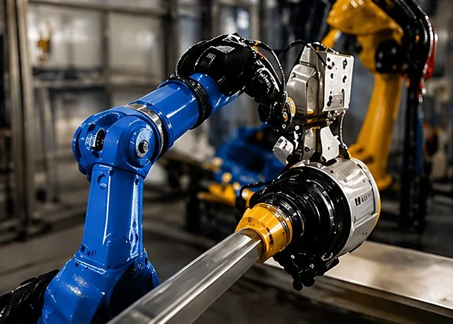 Industrial robot performing material handling as part of robotic integration in automotive manufacturing