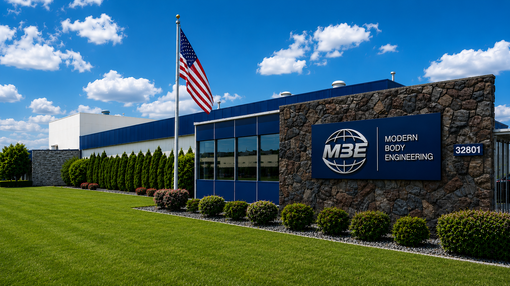 Exterior of Modern Body Engineering (MBE) headquarters in Metro Detroit, Michigan, a leader in robotic hemming systems, closure assembly automation, and automotive manufacturing engineering for OEM and Tier 1 suppliers.