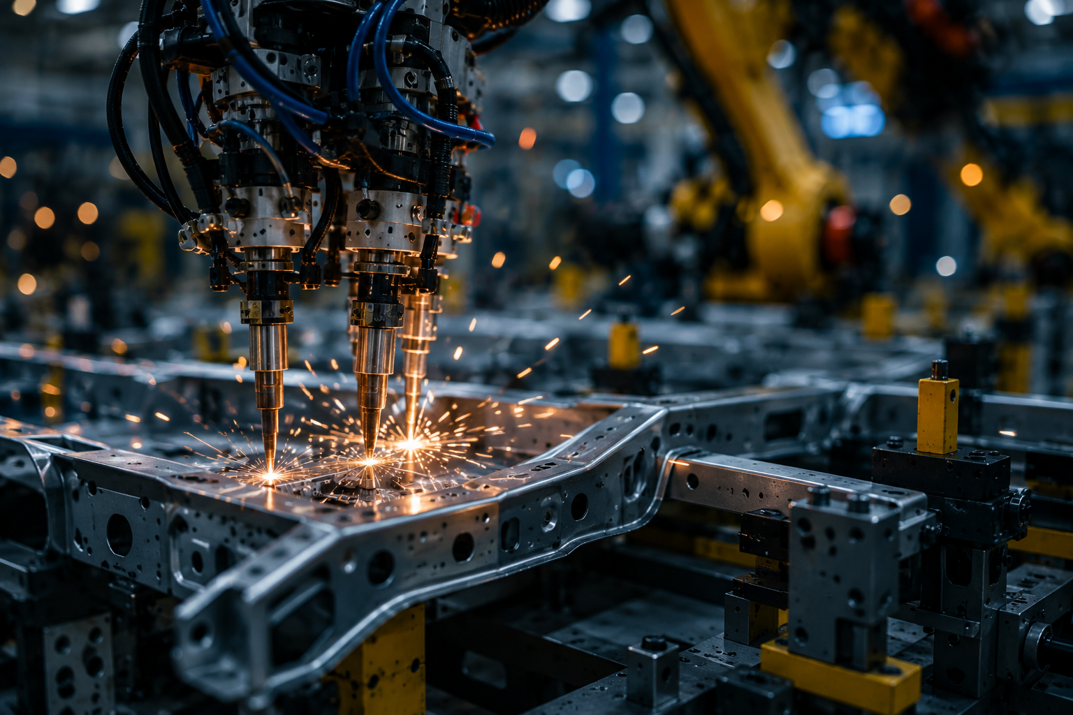 Close-up of a robotic welding system performing precision welding on an automotive frame in a modern U.S. manufacturing facility, showcasing advanced industrial automation and automotive engineering.
