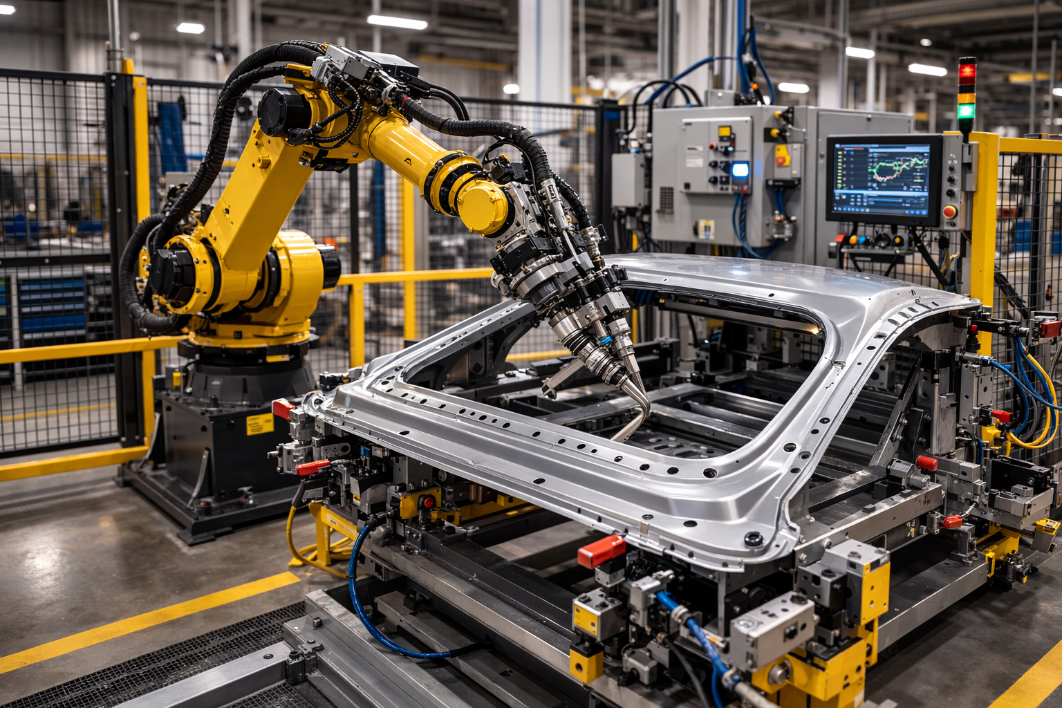 Industrial robot performing precision roller hemming on automotive door closure panel