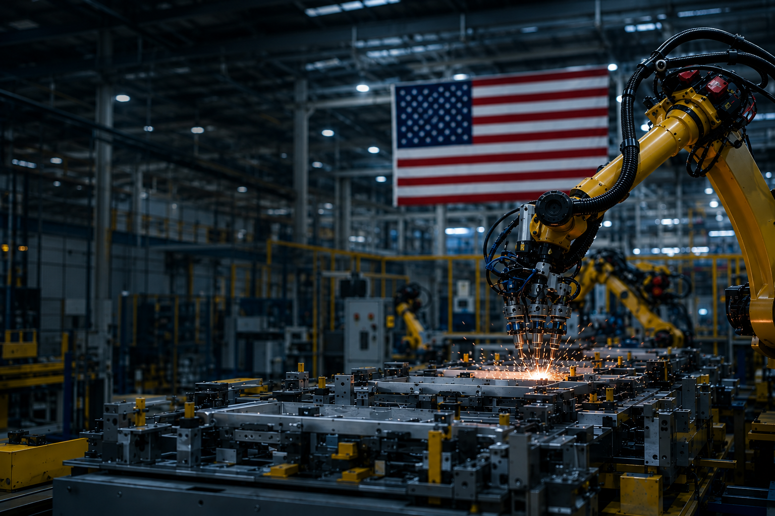 Robotic automotive manufacturing system performing automated welding inside a U.S. factory with an American flag, representing advanced engineering, automation, and American manufacturing.