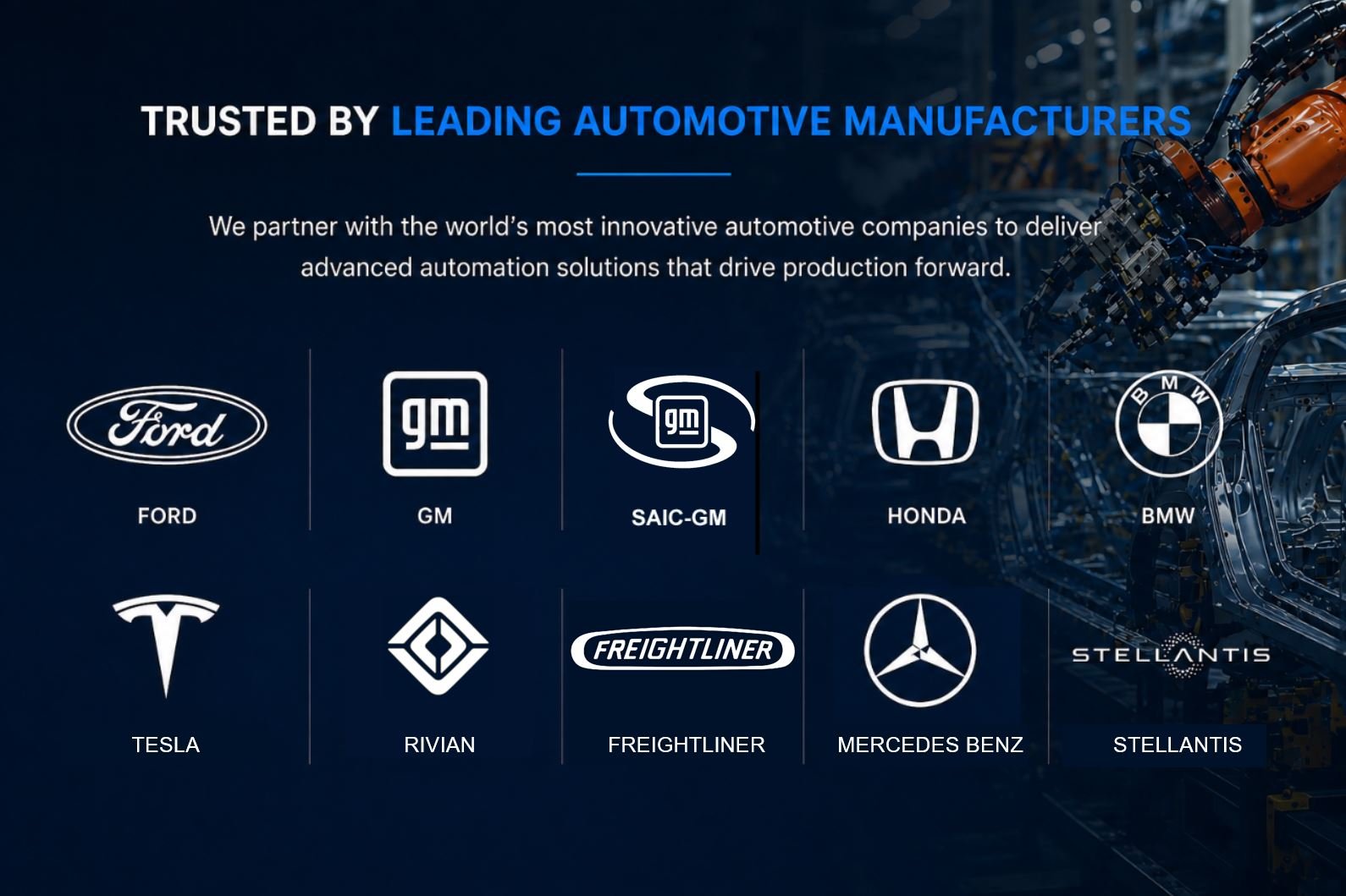 Trusted by leading automotive manufacturers including Ford, GM, Honda, BMW, Tesla, Rivian, Freightliner, Mercedes-Benz, Stellantis, and SAIC-GM for advanced automotive automation solutions.