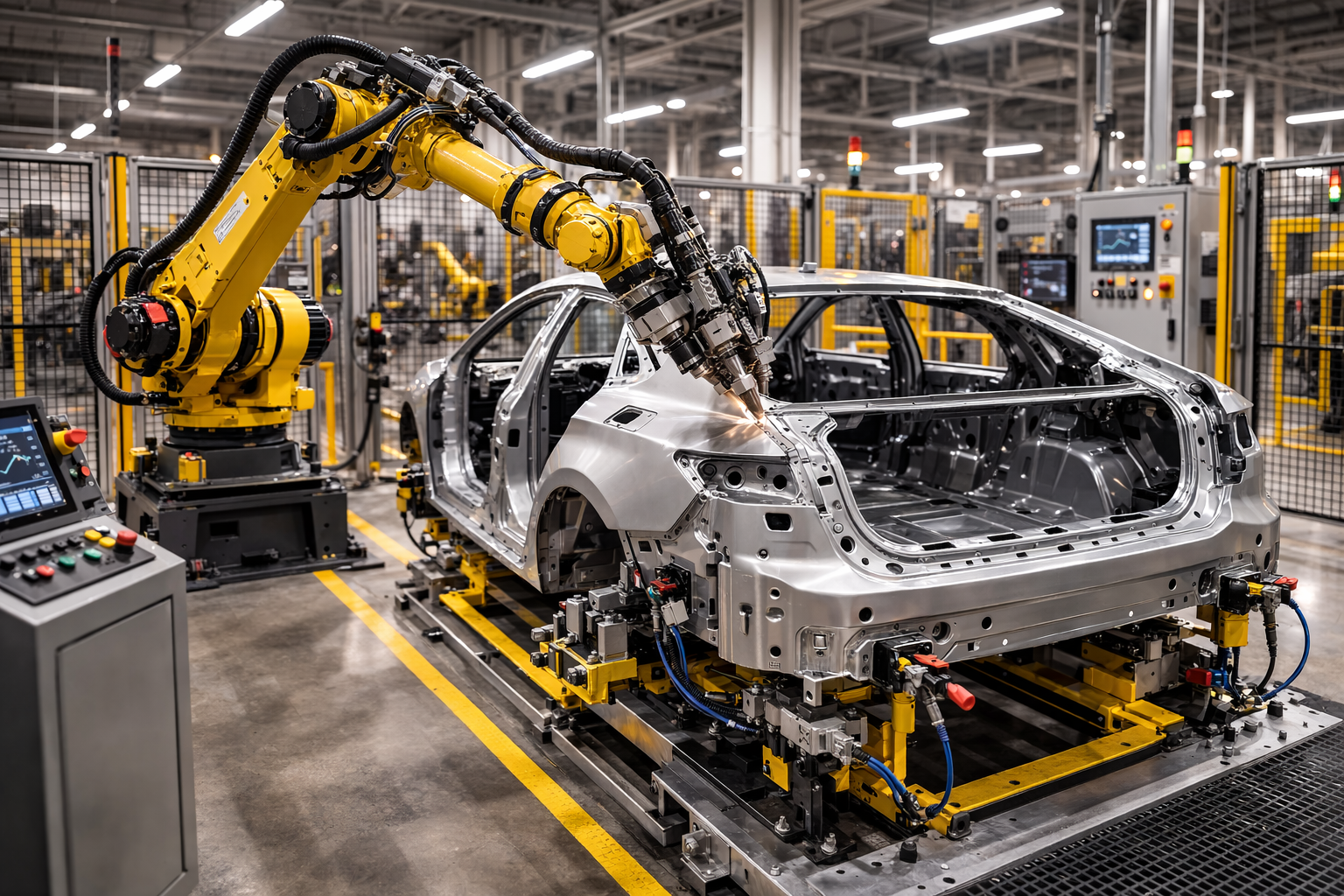 Robotic roller hemming system performing automotive closure assembly in a production manufacturing cell