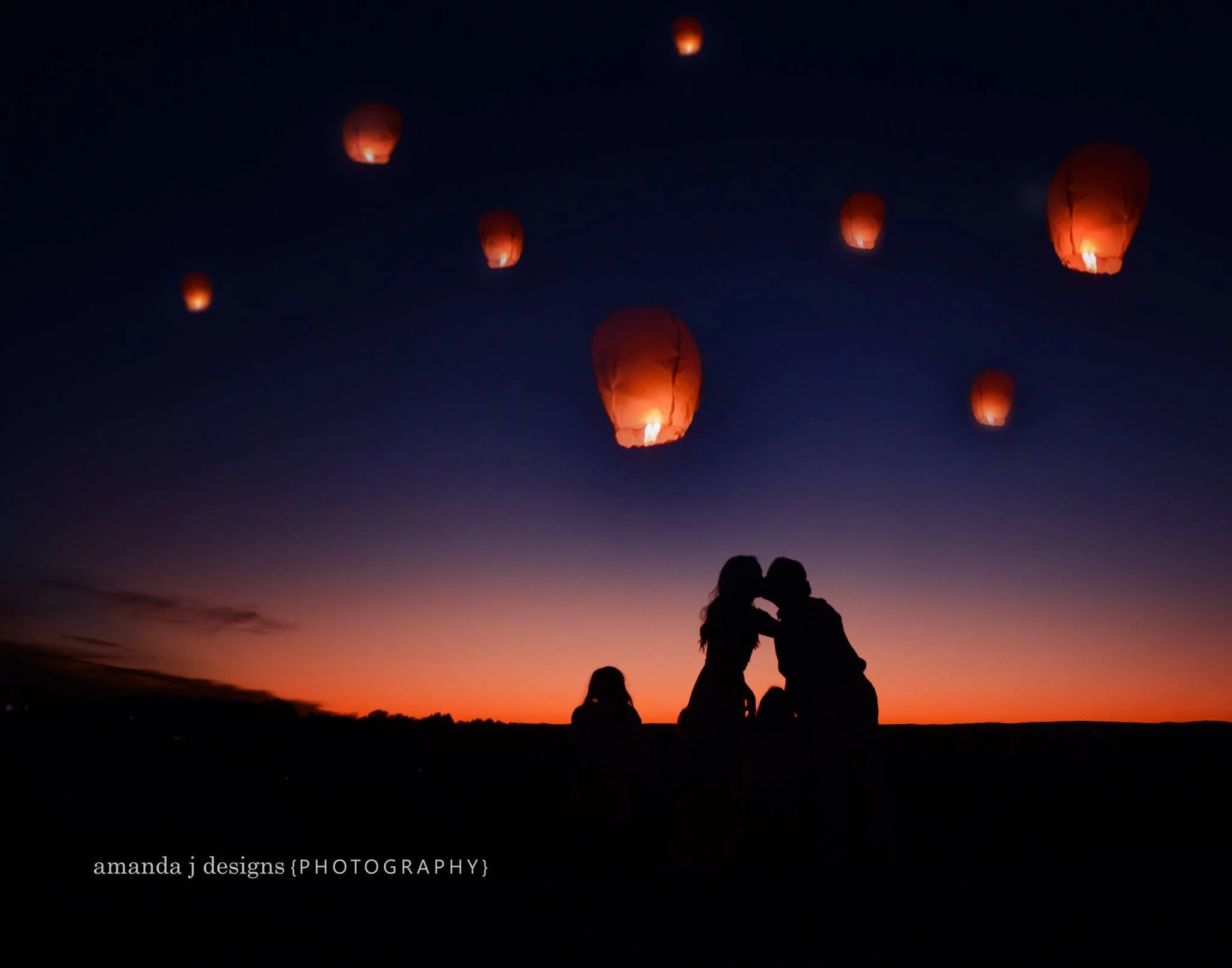 Family photo, night, lanters, kissing by Amanda J Designs Photography, State College pa