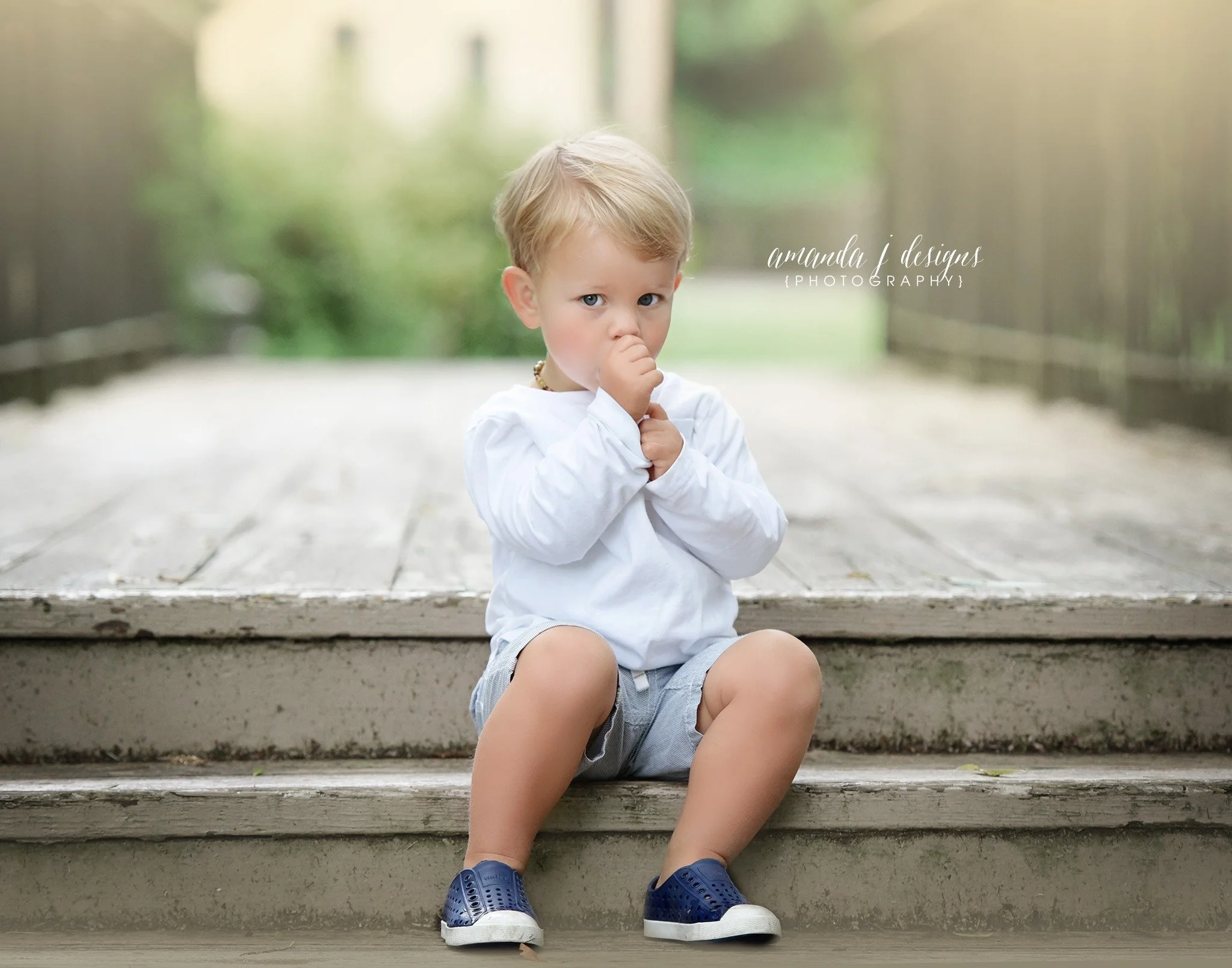 Boy, toddler photography, sucking thumb on steps by Amanda J Designs Photography, Louisville, KY