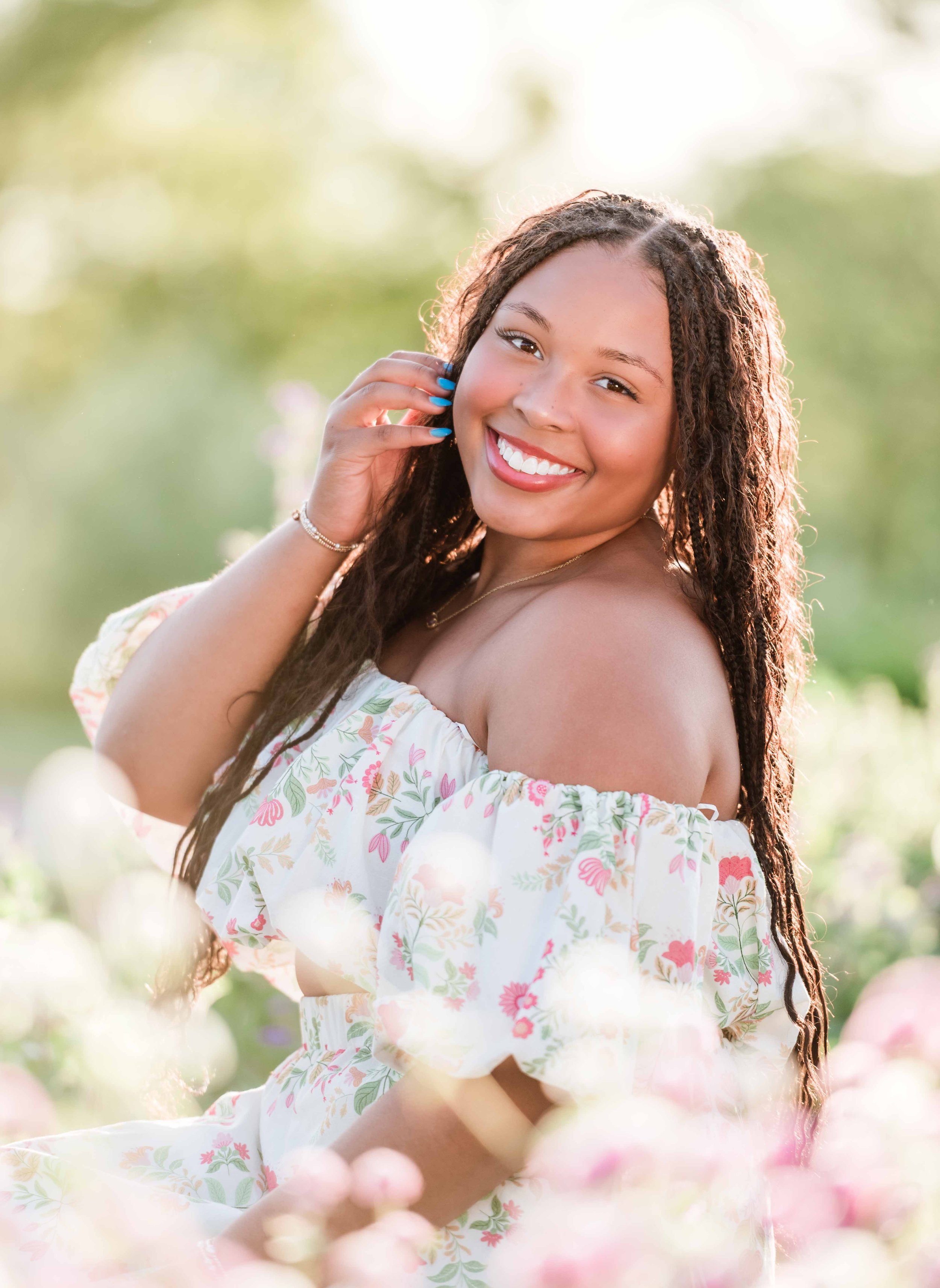 Louisville Senior Photography, Girl in Garden with flowers, summer sunset by Amanda J Designs Photography