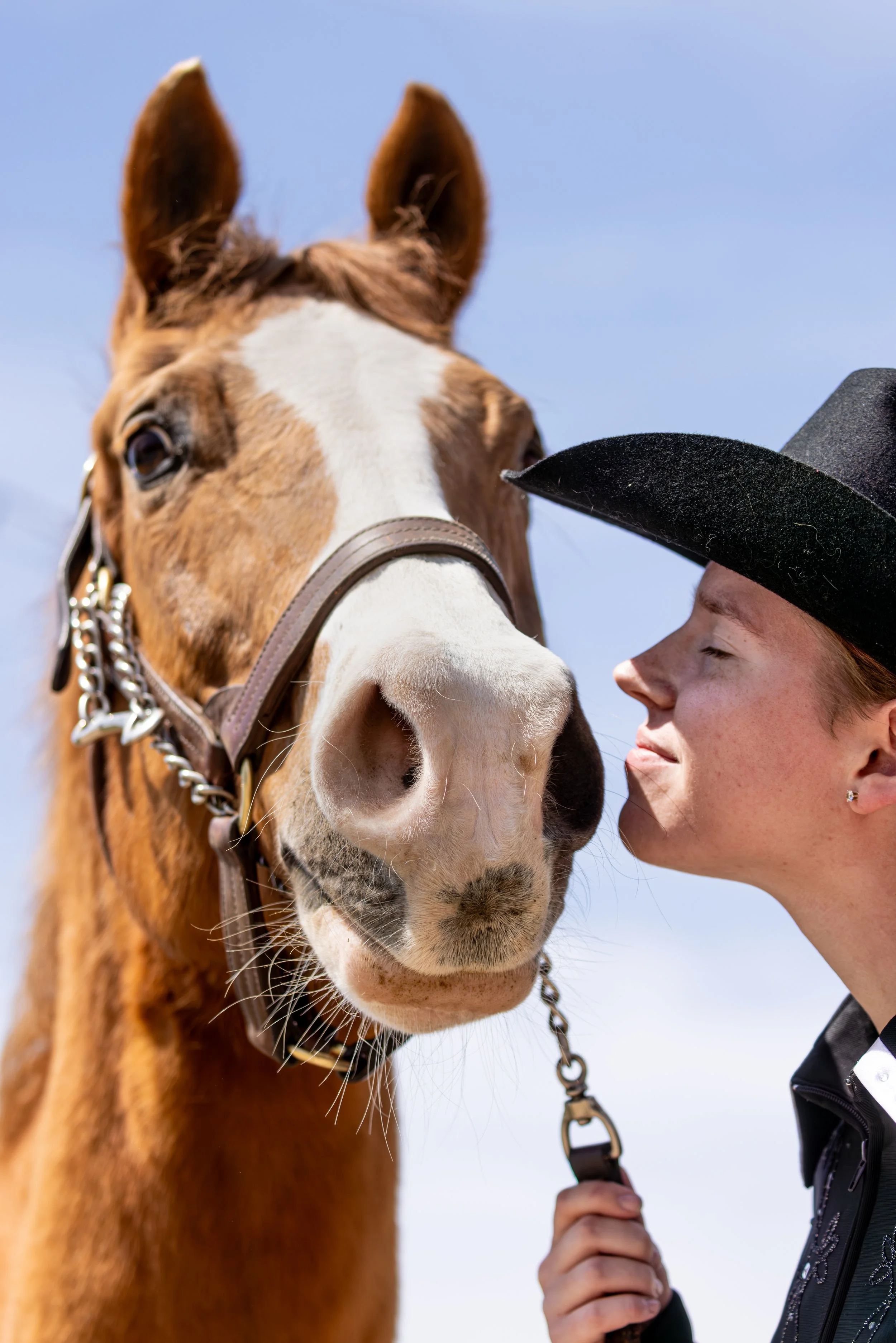Close-up of a woman in a black cowboy hat and black jacket, touching noses with a chestnut horse with a white blaze on its face, against a clear blue sky.