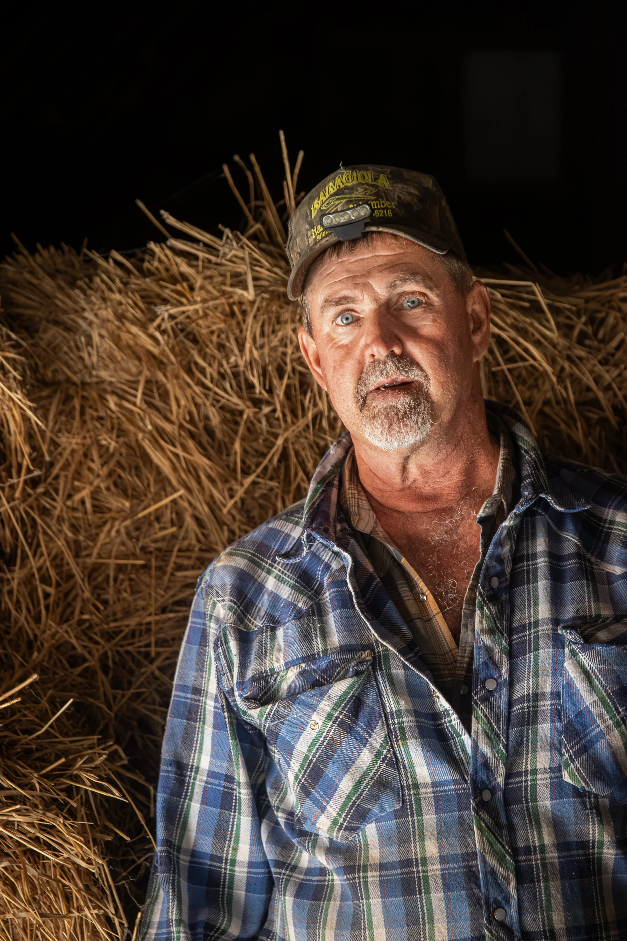 Portrait of a man with blue eyes, gray beard, wearing a plaid shirt and a baseball cap with a headlamp, standing in front of a large haystack against a dark background.