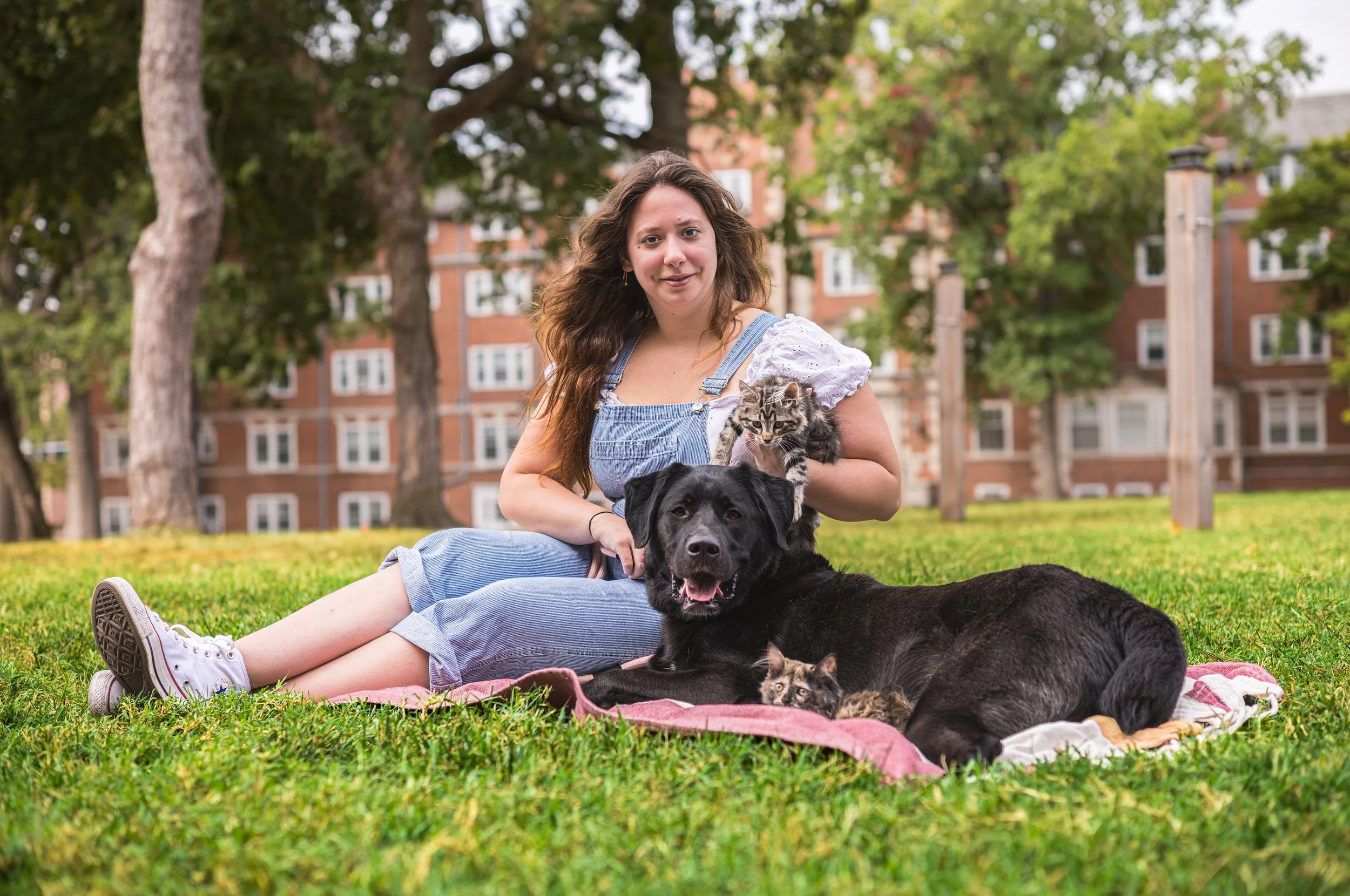 A woman with long curly hair wearing overalls and a white shirt sitting on a blanket on grass in a park, holding a kitten in her arms with two dogs and another kitten lying on the blanket, with trees and a brick building in the background.