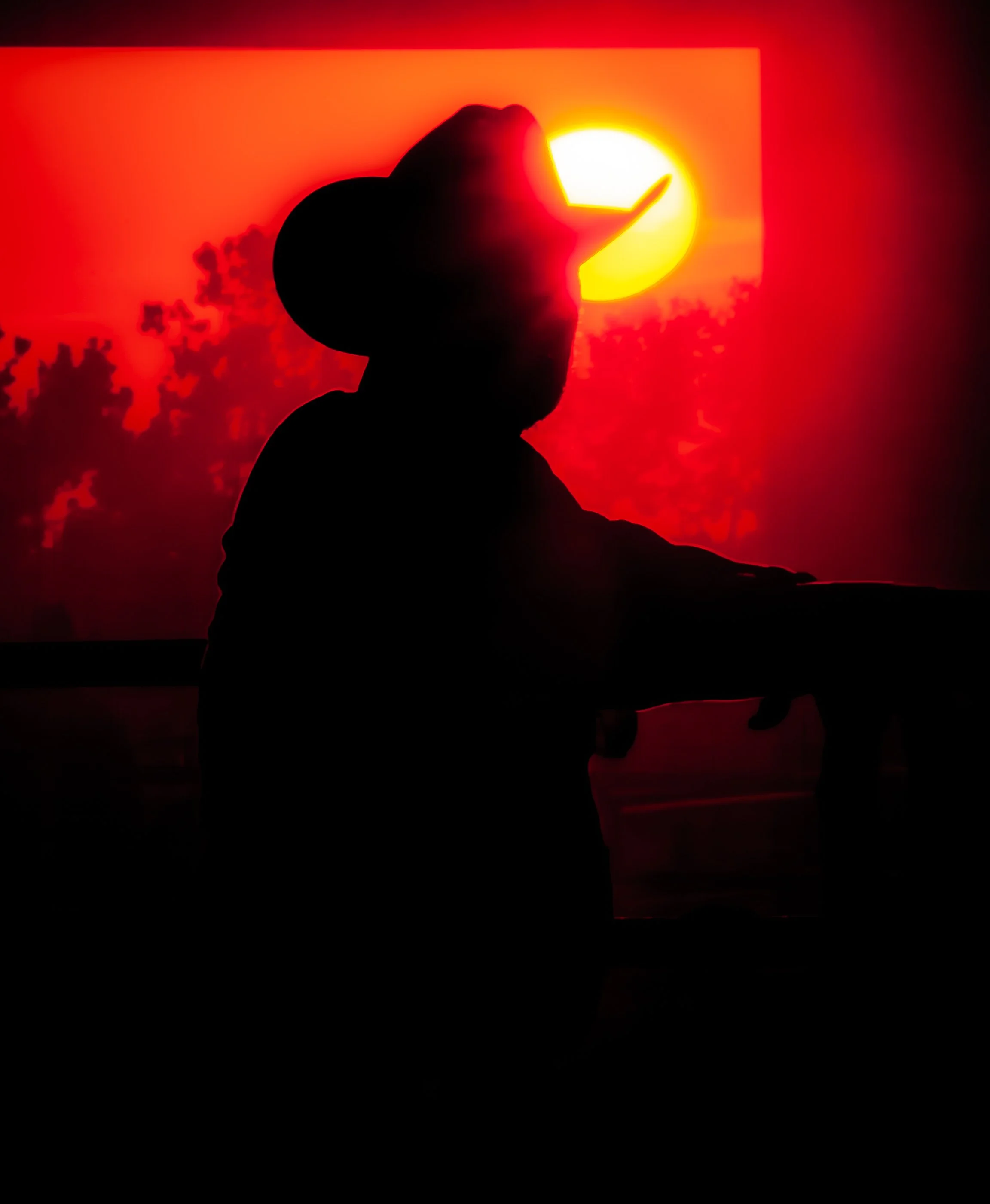Silhouette of a woman with head tilted back against a bright sunset with red and orange hues, trees in the background.