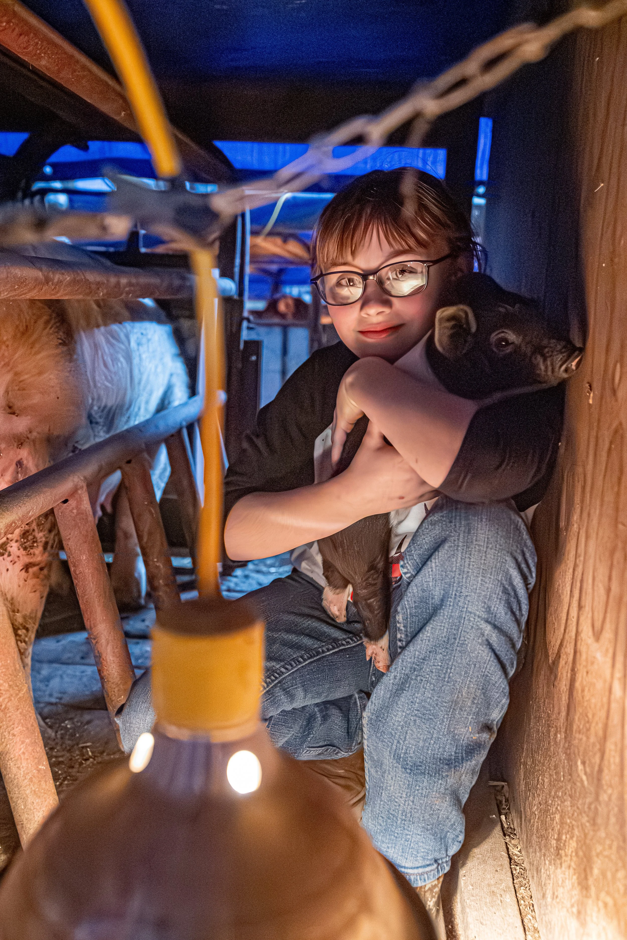 A young person with glasses hugging a black pig in a barn, surrounded by metal and wooden structures.
