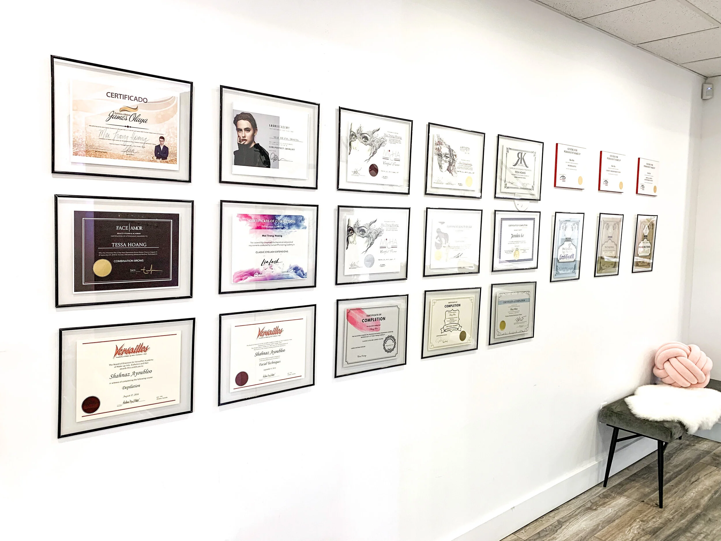 Wall showcasing certifications
