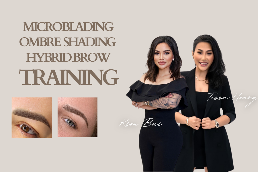 Promotional graphic for eyebrow training featuring microblading, ombre shading, and hybrid brow techniques with close-up images of styled eyebrows and two women standing, identified as Kim Bui and Tessa Hoang.