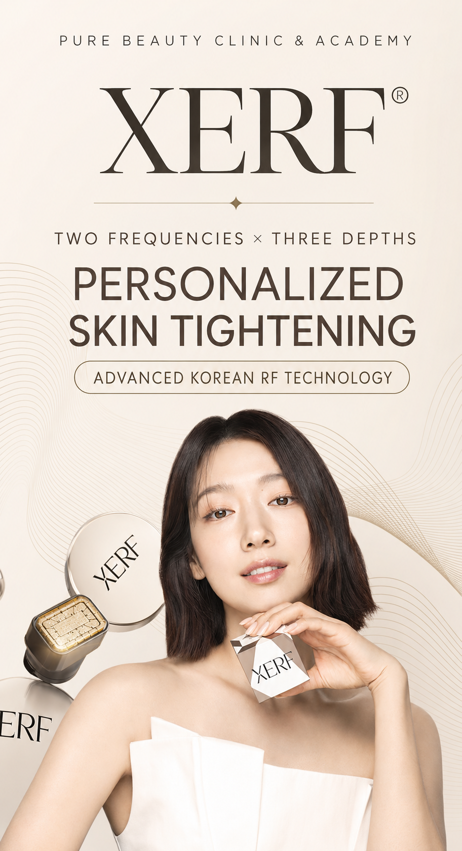 Advertisement for XERF personalized skin tightening treatment showing a woman holding a small box, with product containers labeled XERF in the background. The ad mentions advanced Korean RF technology for skin tightening.