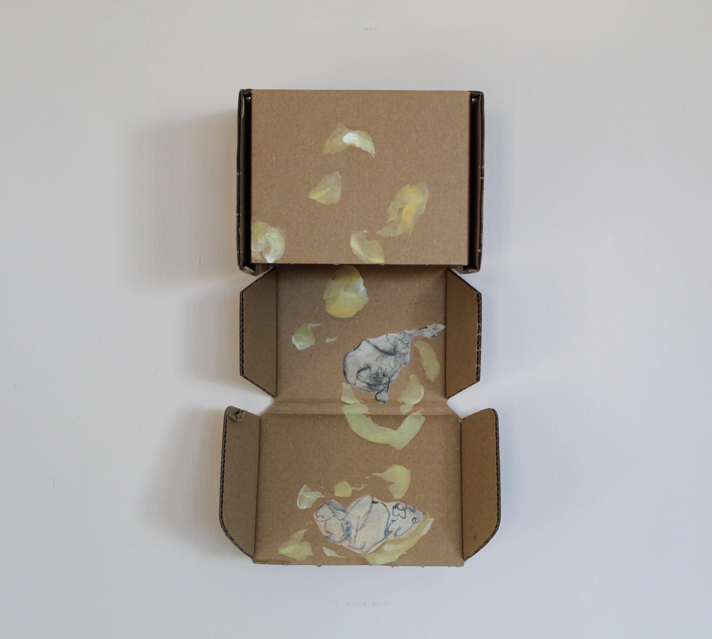 Upend, 2024, oil, ink, graphite pencil, cotton fabric on cardboard box, 17.5 x 28.5 x 10cm