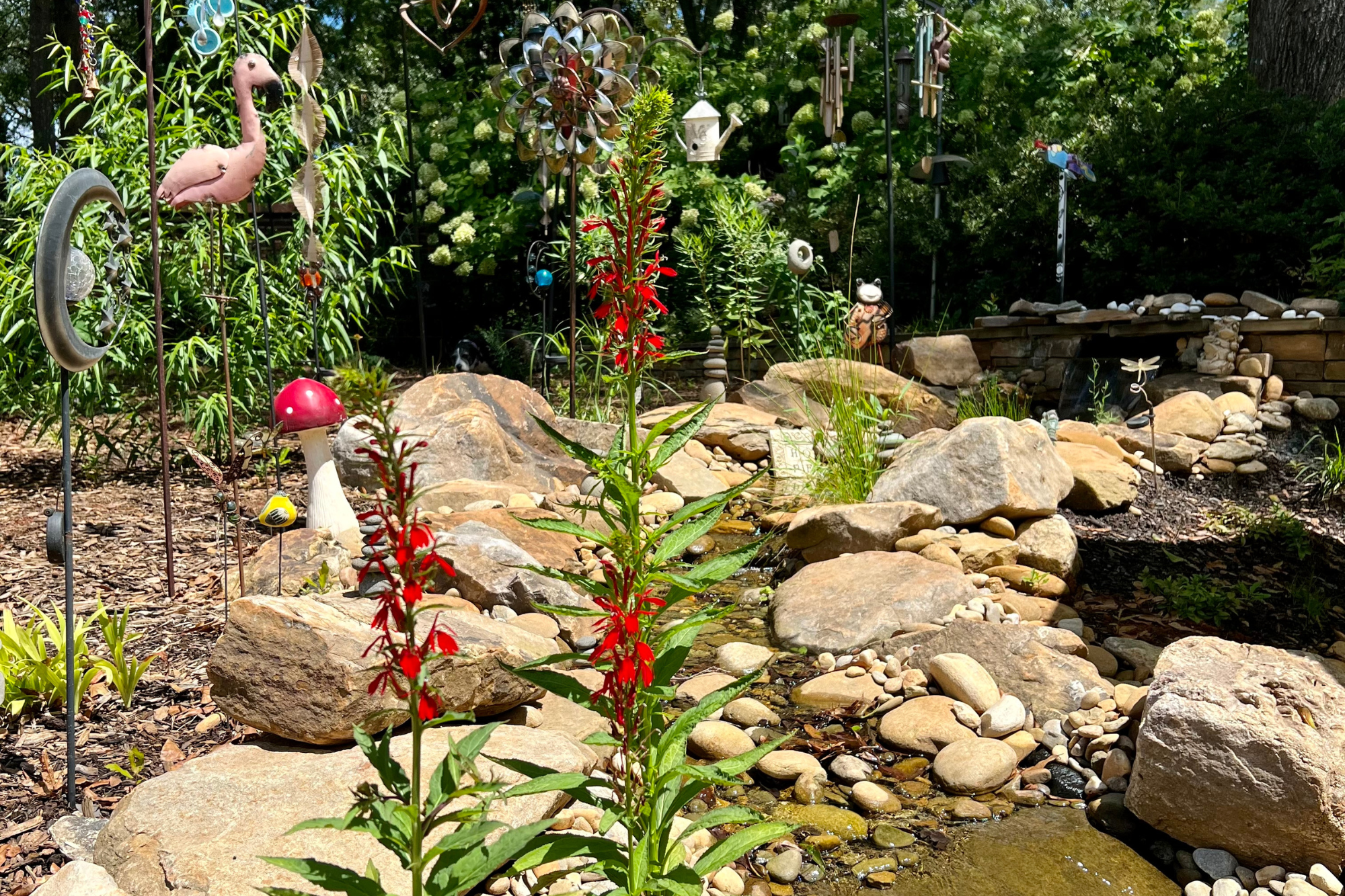 Rock-lined stream and pond water feature with planted edges integrated into a residential garden.