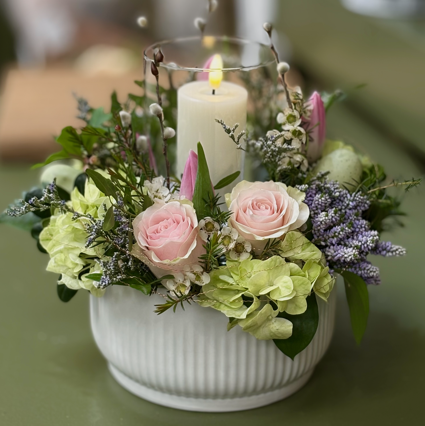 Spring Floral Centrepiece With Candle