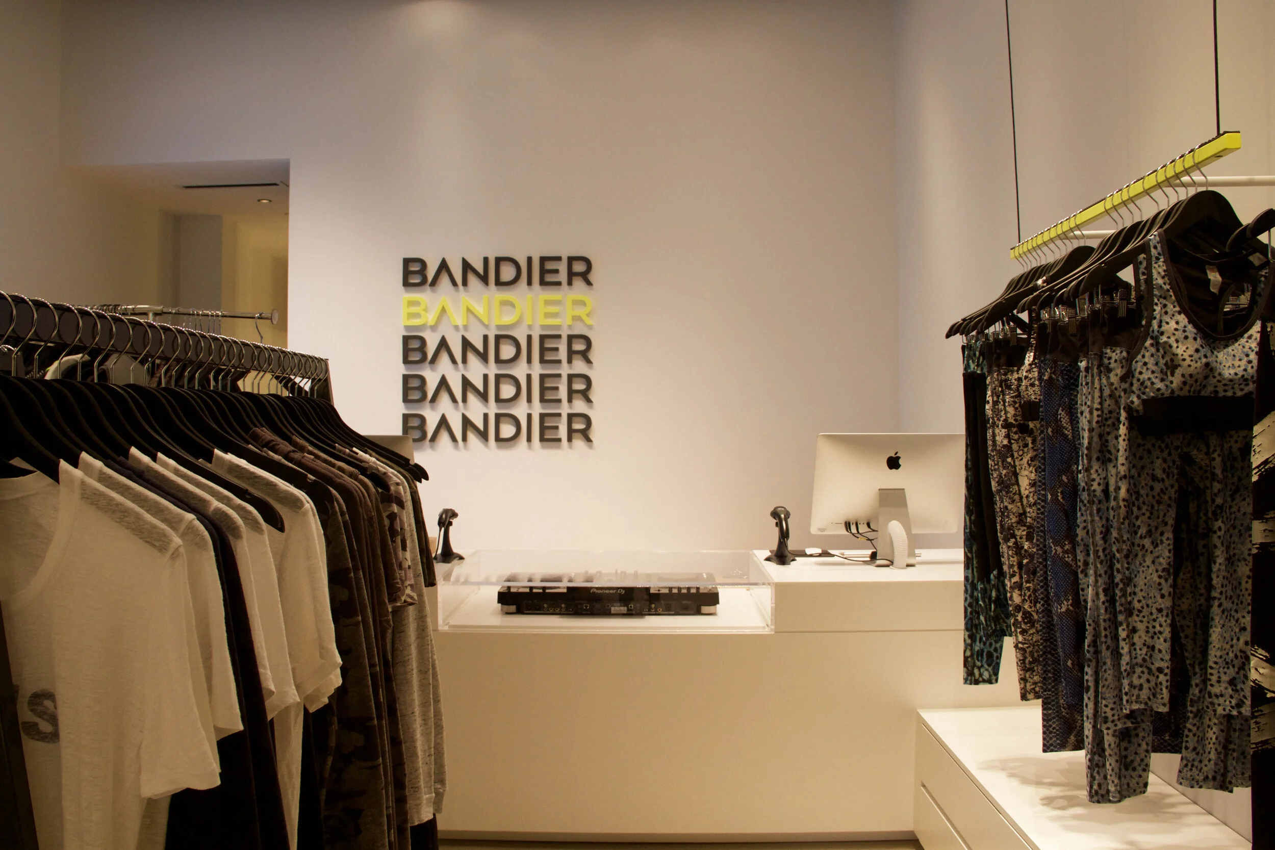 Bandier logo wall and cash area