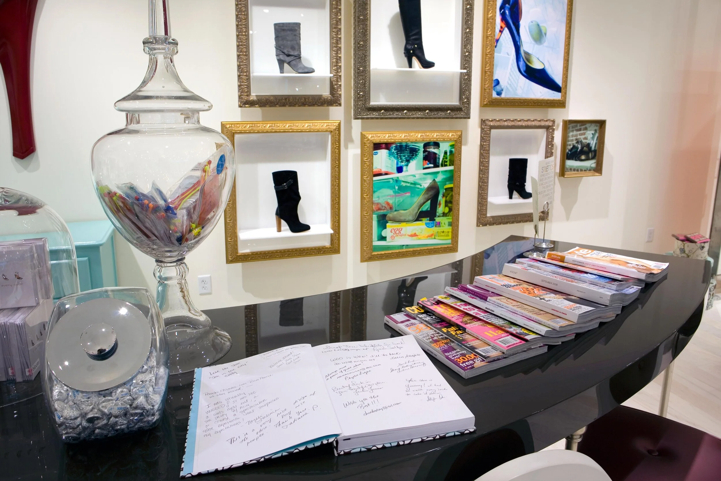Magazine display table, candy bowls