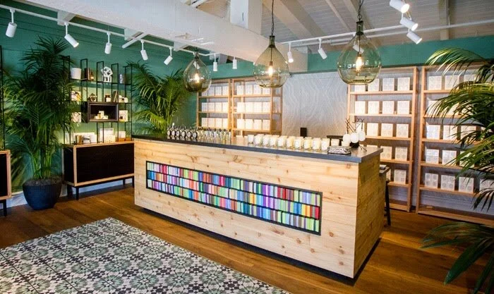 Colorful cash area and unique glass lighting