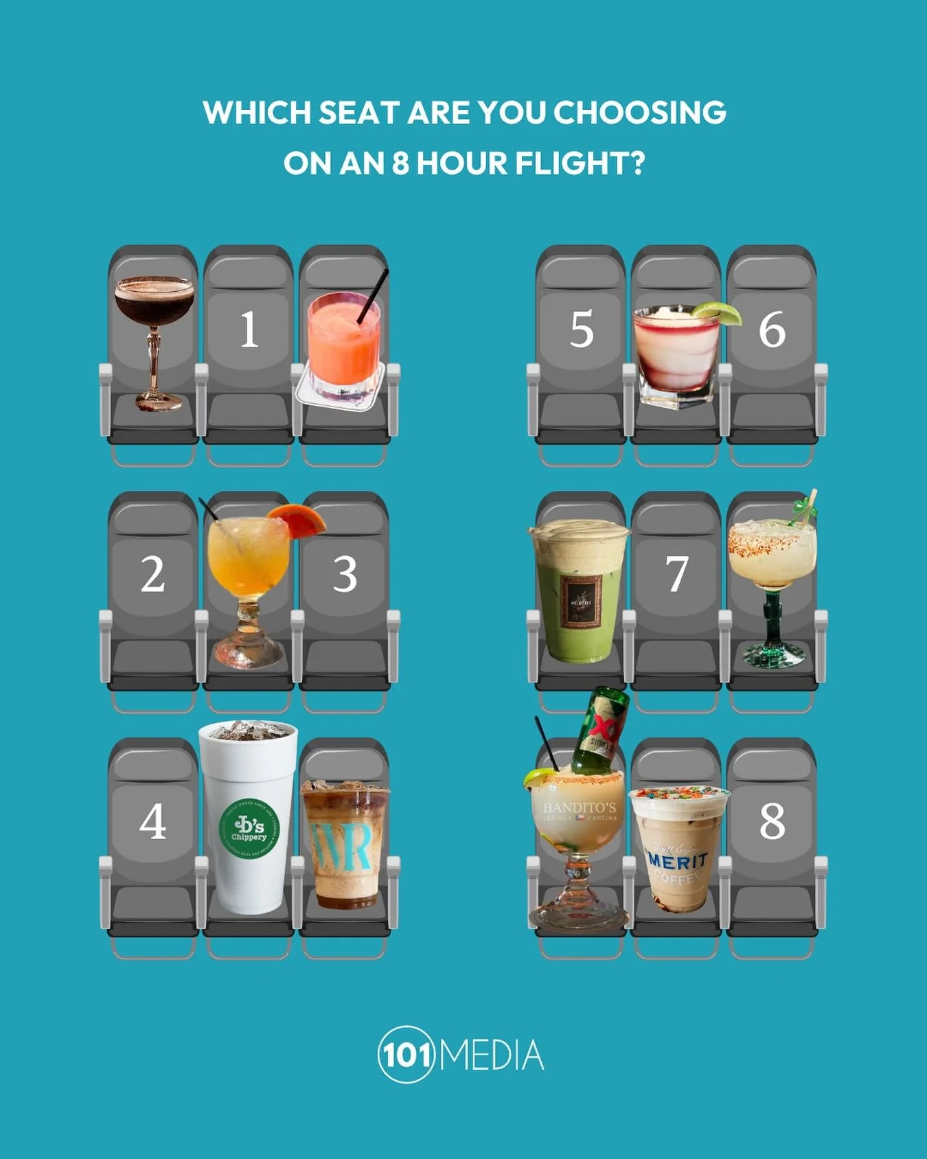 POV: you&rsquo;re on an 8 hour flight and they&rsquo;re only serving Dallas icons ✈️ Which seat are you picking?