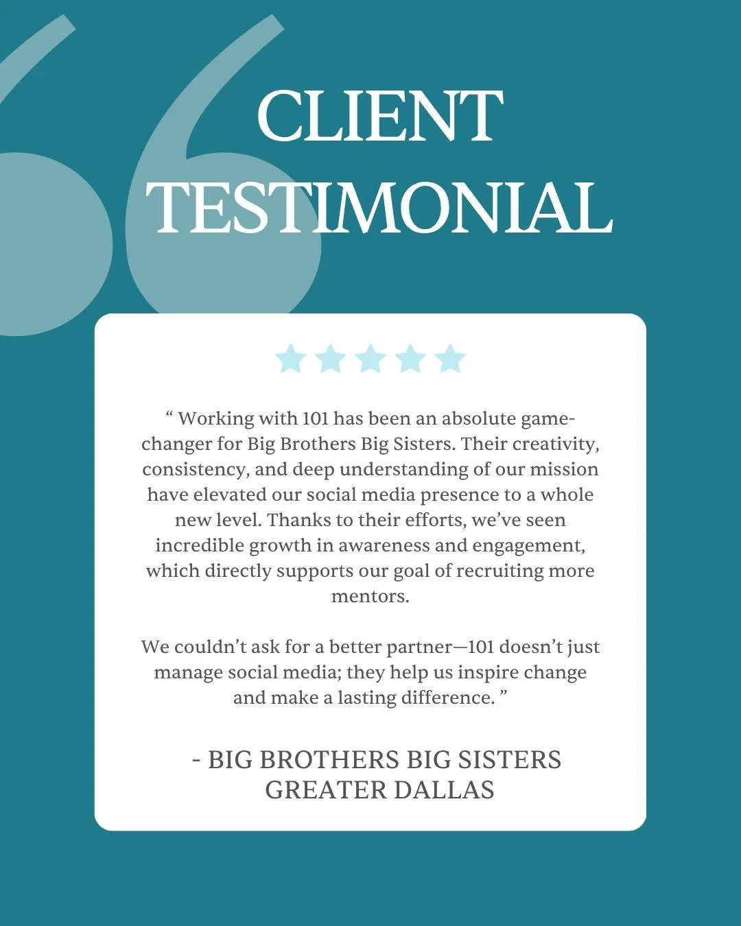 CLIENT SPOTLIGHT: Big Brothers Big Sisters Greater Dallas 🔦 

Working with @bbbsgreaterdal to elevate their social presence has been one of our proudest partnerships. Their mission to connect mentors with young people in the greater Dallas area is t