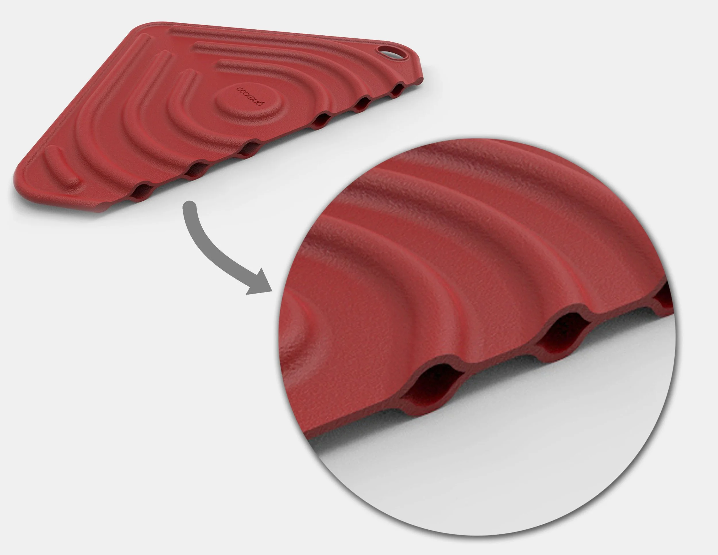 Cross-section detail of the Cookduo Air Trivet showing the built-in air tube channels that provide cushioning and heat protection