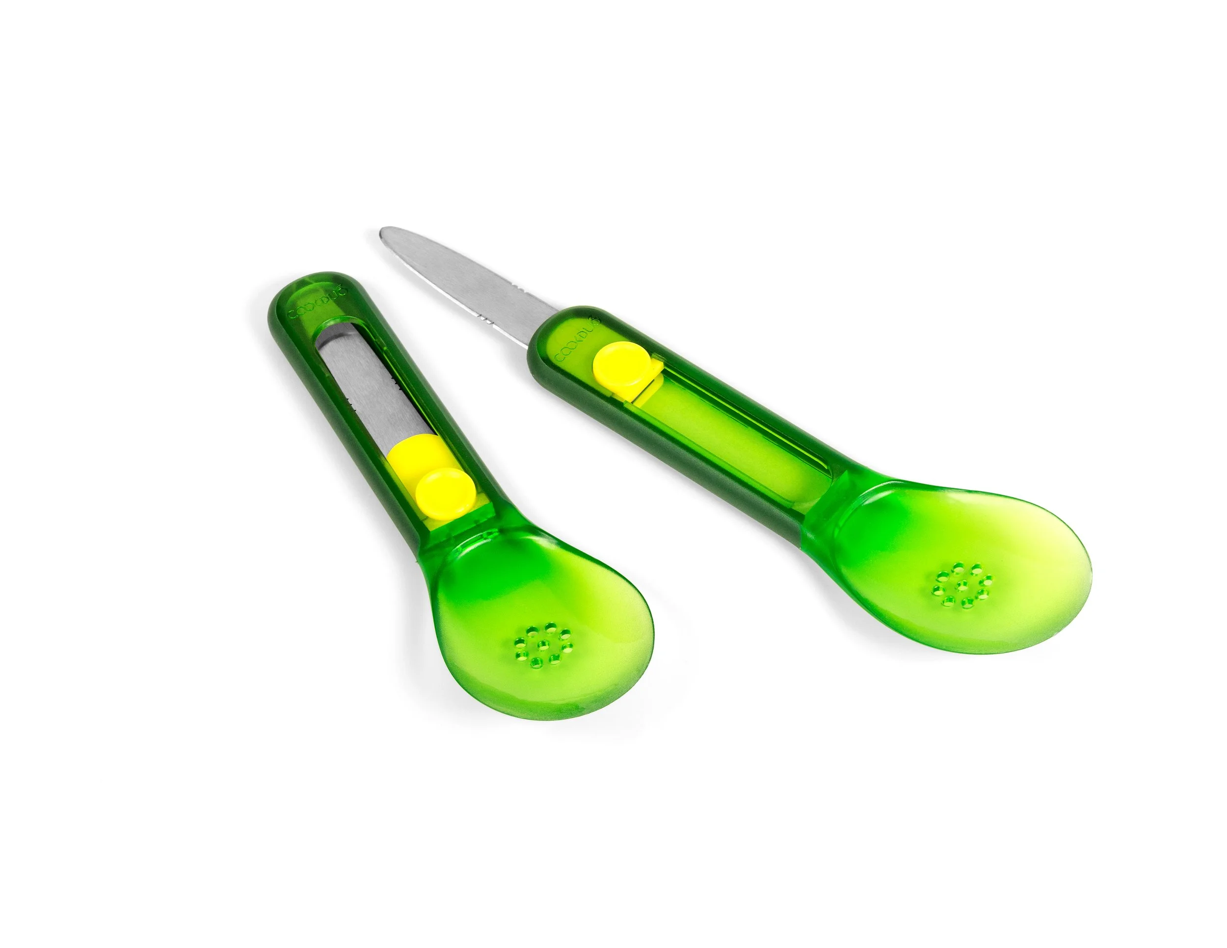 Cookduo Avocado Cut and Scoop tool with a concealed retractable blade in the handle and an oversized scoop for removing the fruit