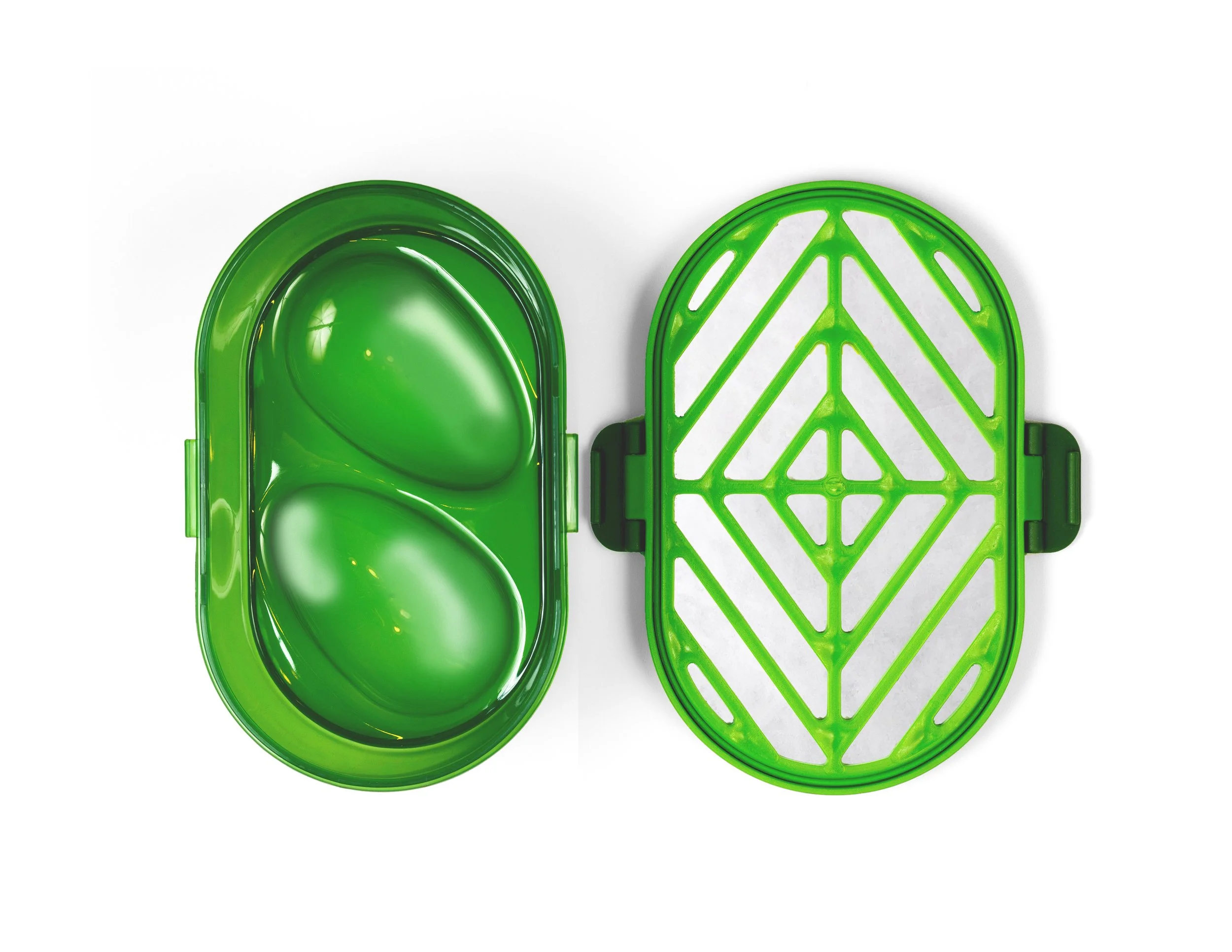 Cookduo Avocado Ripe & Keep container open from above, with twin avocado cavities and breathable mesh lid that ripens up to