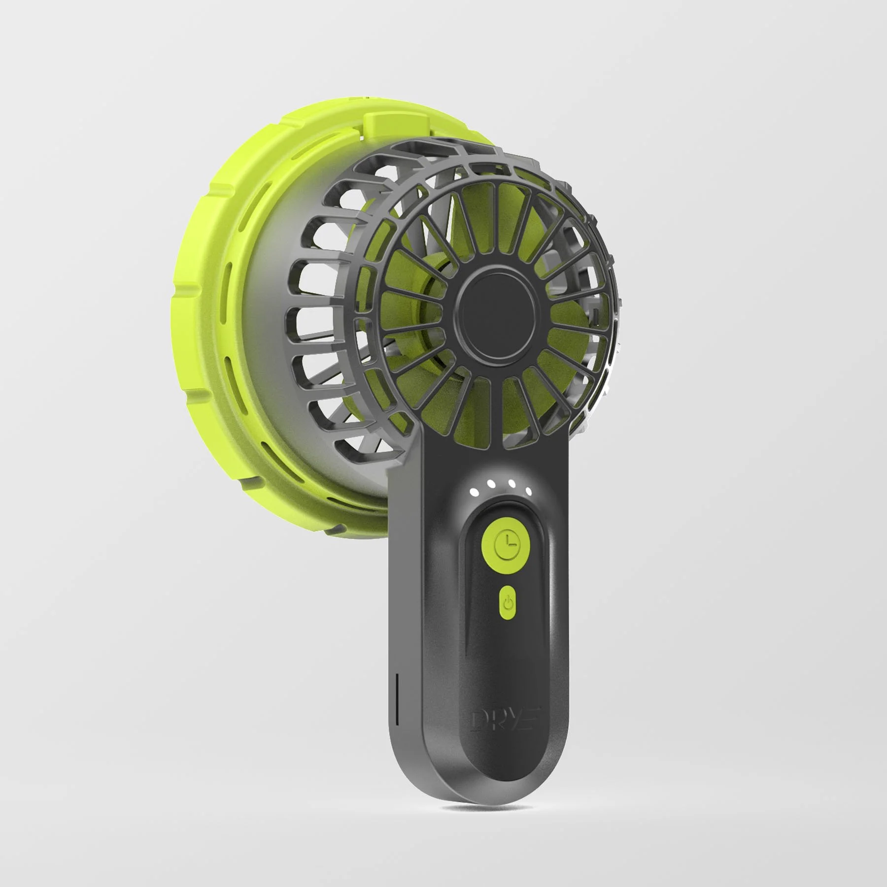 DRYE Fan hydration pack drying tool 3/4 front view, showing the compact rechargeable fan with battery indicator, power, and timer buttons