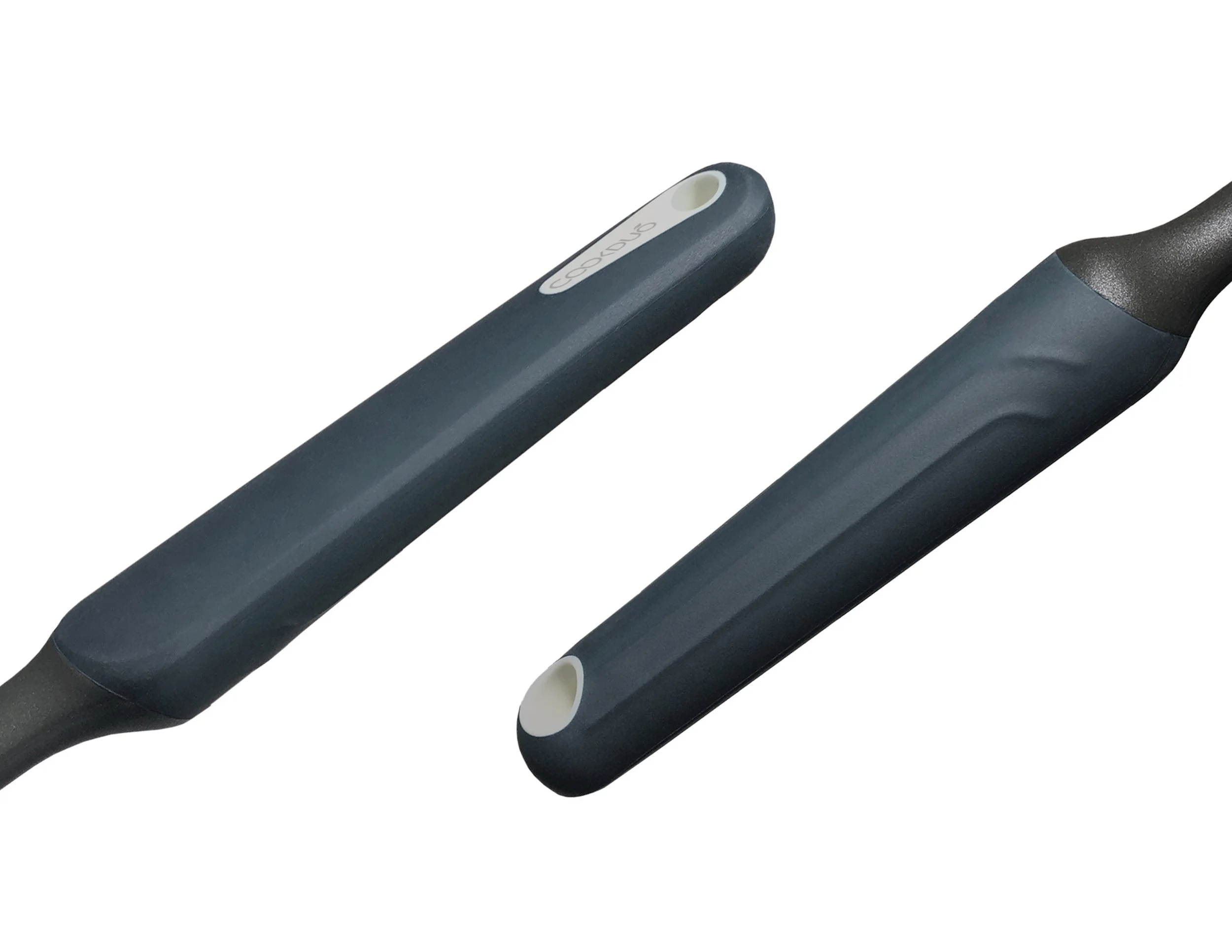 Close-up of the navy TPR overmolded handle on the Cookduo Steelcore Nylon Tools, showing the comfort grip surface and integrated hanging hole