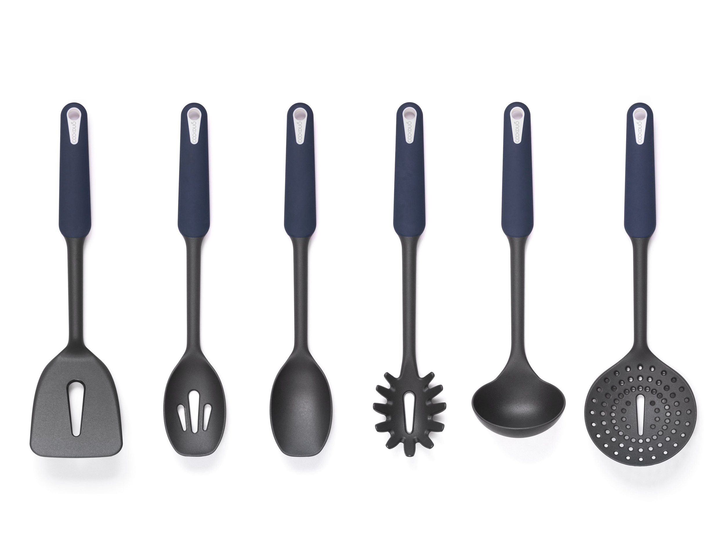 Cookduo Steelcore Nylon Tools six-piece set: slotted turner, slotted spoon, solid spoon, pasta server, ladle, and skimmer with navy TPR handles