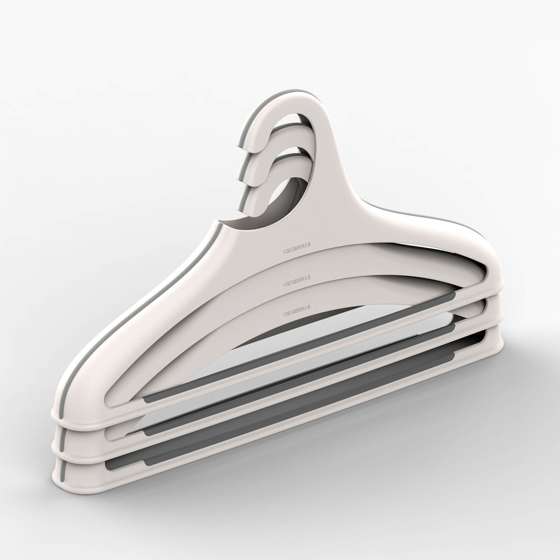 Three Casabella Nest Hangers stacked and nested together, demonstrating the space-saving feature that allows multiple hangers to combine for compact closet storage