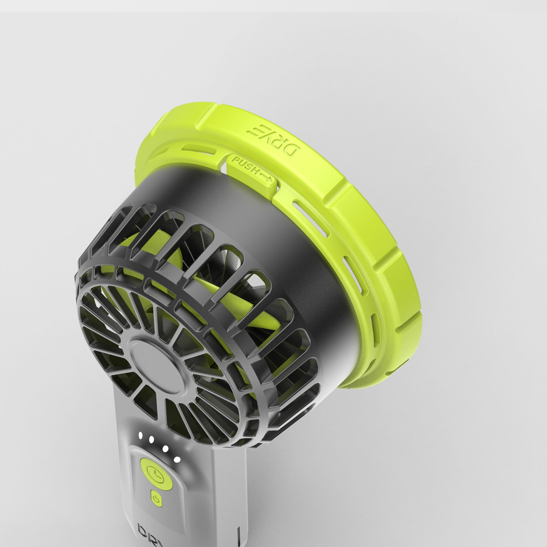 Top-down view of the DRYE Fan interchangeable adapter ring with PUSH twist-lock mechanism for fitting multiple hydration bladder brands