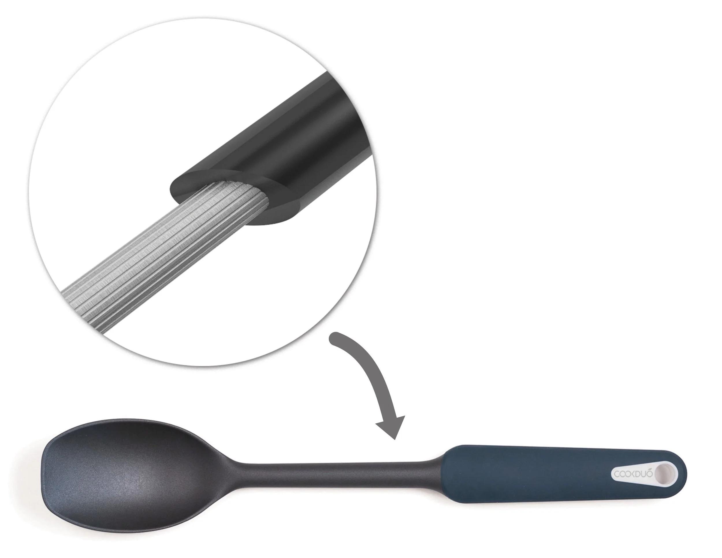 Cross-section of the Cookduo Steelcore Nylon Tool revealing the internal steel rod embedded in the nylon shaft for unmatched rigidity and strength