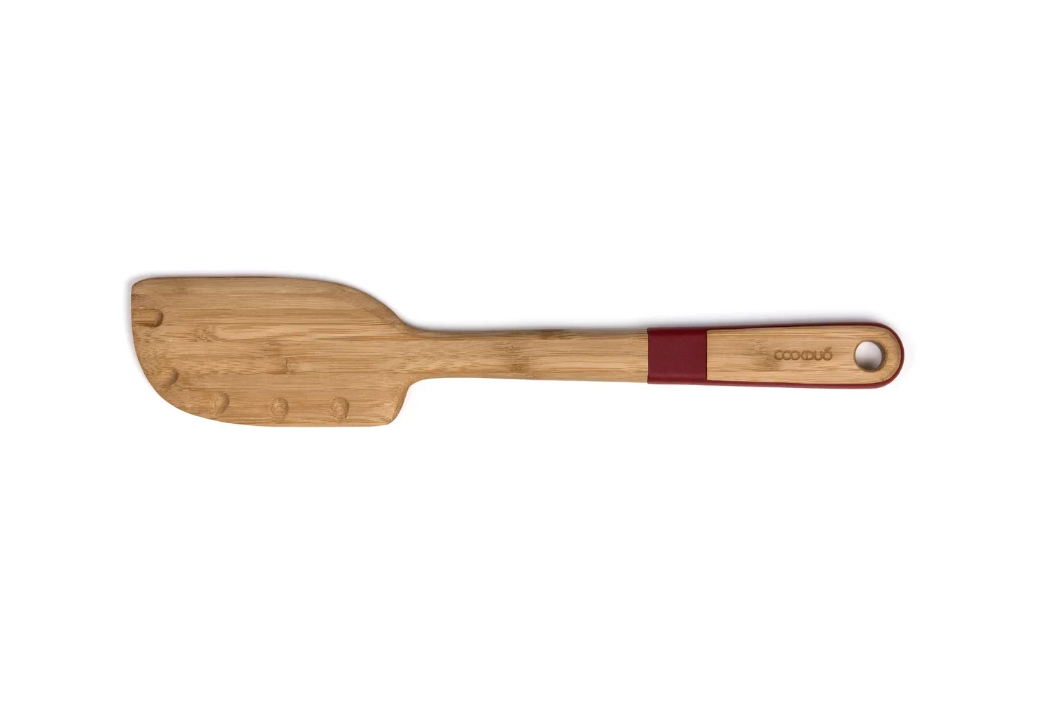Single Cookduo Bamboo Grip rubber spatula with natural bamboo blade, red wraparound silicone grip, and integrated hanging hole on the handle