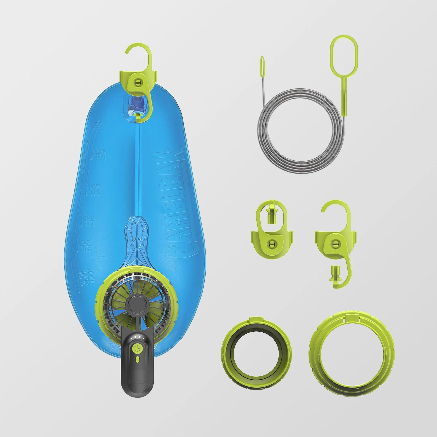 DRYE Fan complete kit with hanging hooks and steel tube-drying cable attached to a Camelbak hydration bladder for full reservoir and tube drying
