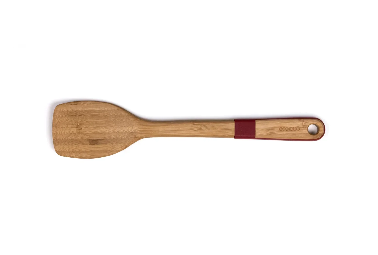 Single Cookduo Bamboo Grip bamboo turner with rounded blade, red wraparound silicone comfort grip, and Cookduo branded bamboo handle