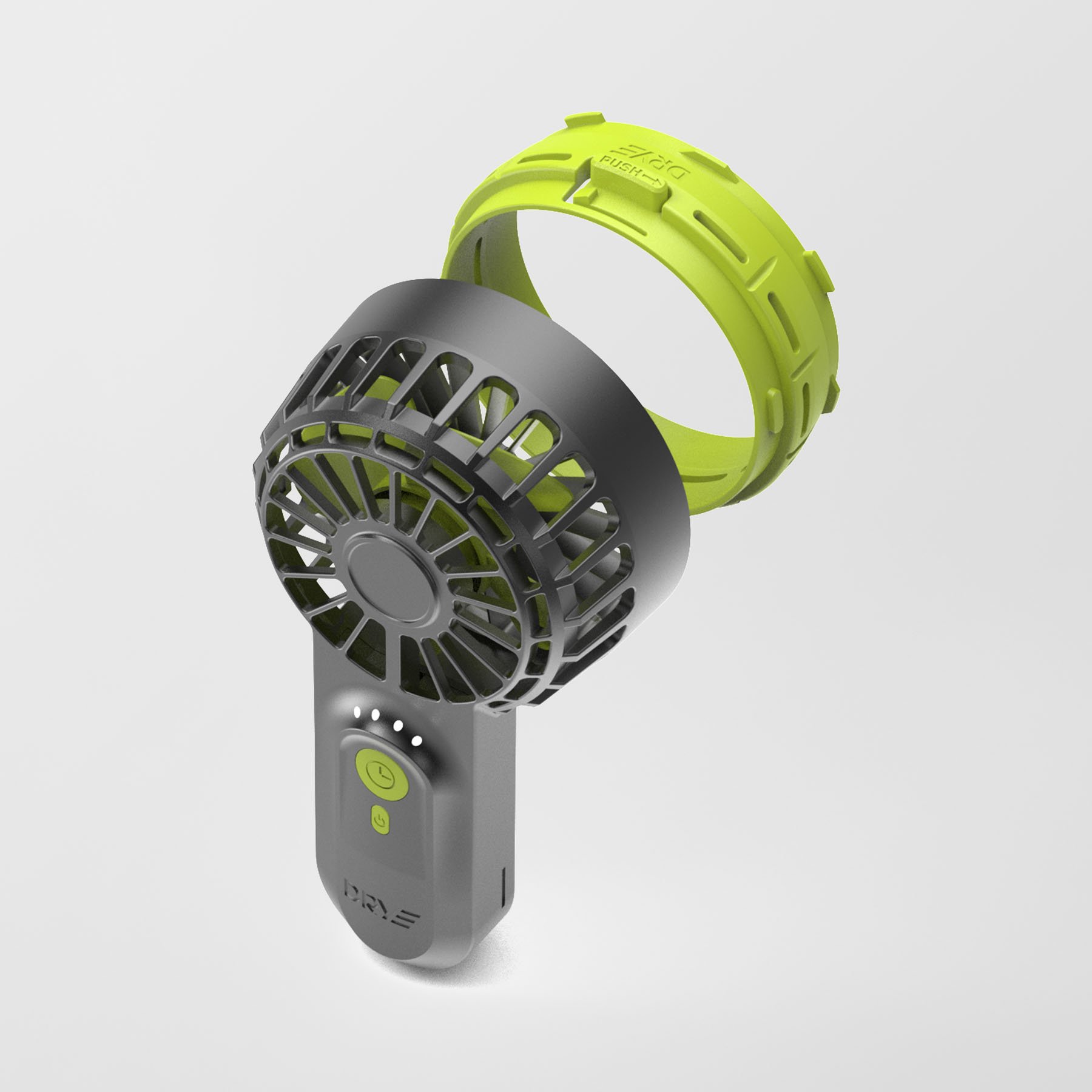 Exploded view of the DRYE Fan showing the modular fan body and interchangeable adapter ring that snaps on to fit different hydration bladder brands