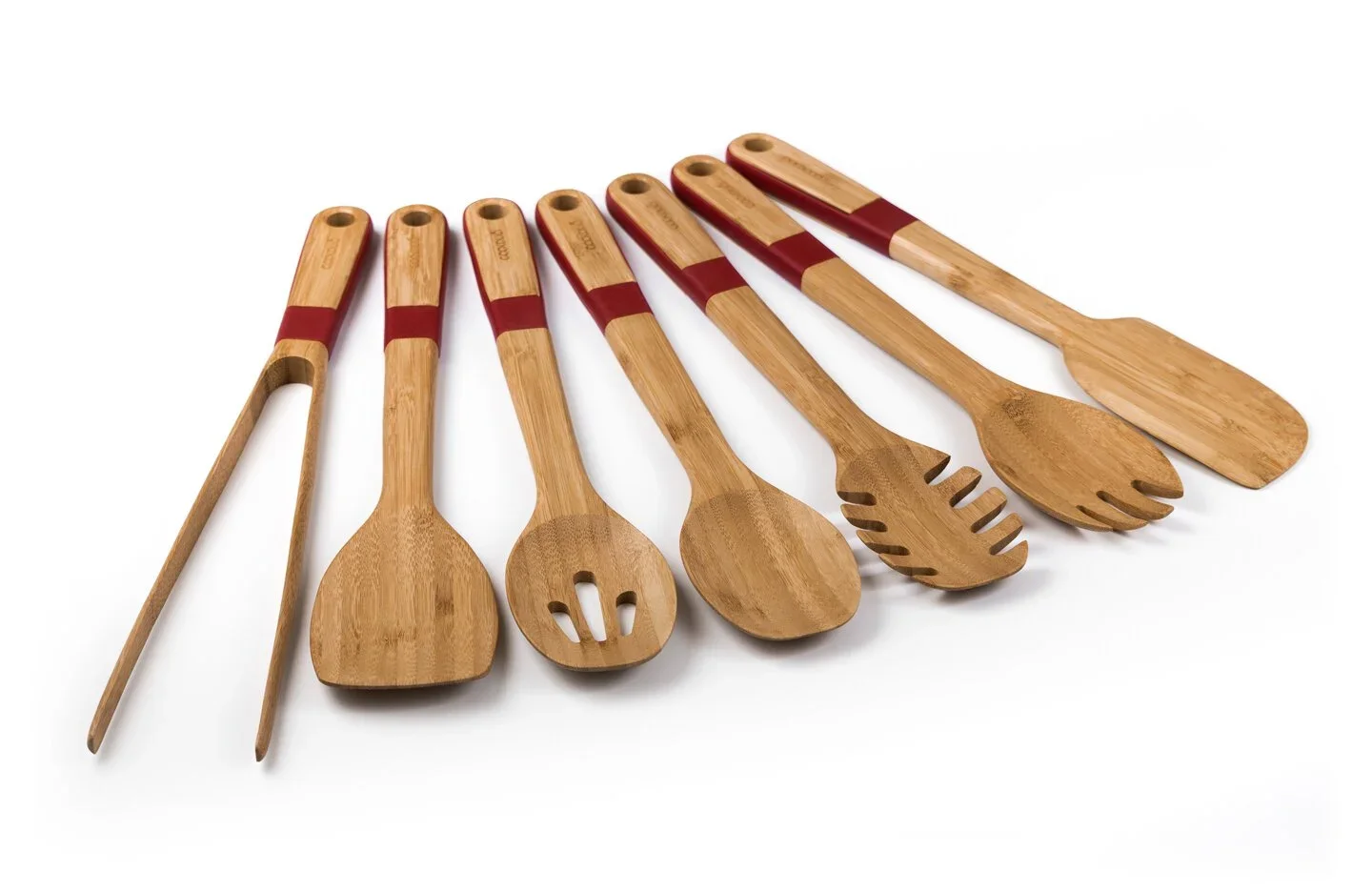 Cookduo Bamboo Grip eco-friendly kitchen utensil collection fanned on white, showing the natural bamboo heads and red wraparound silicone grips